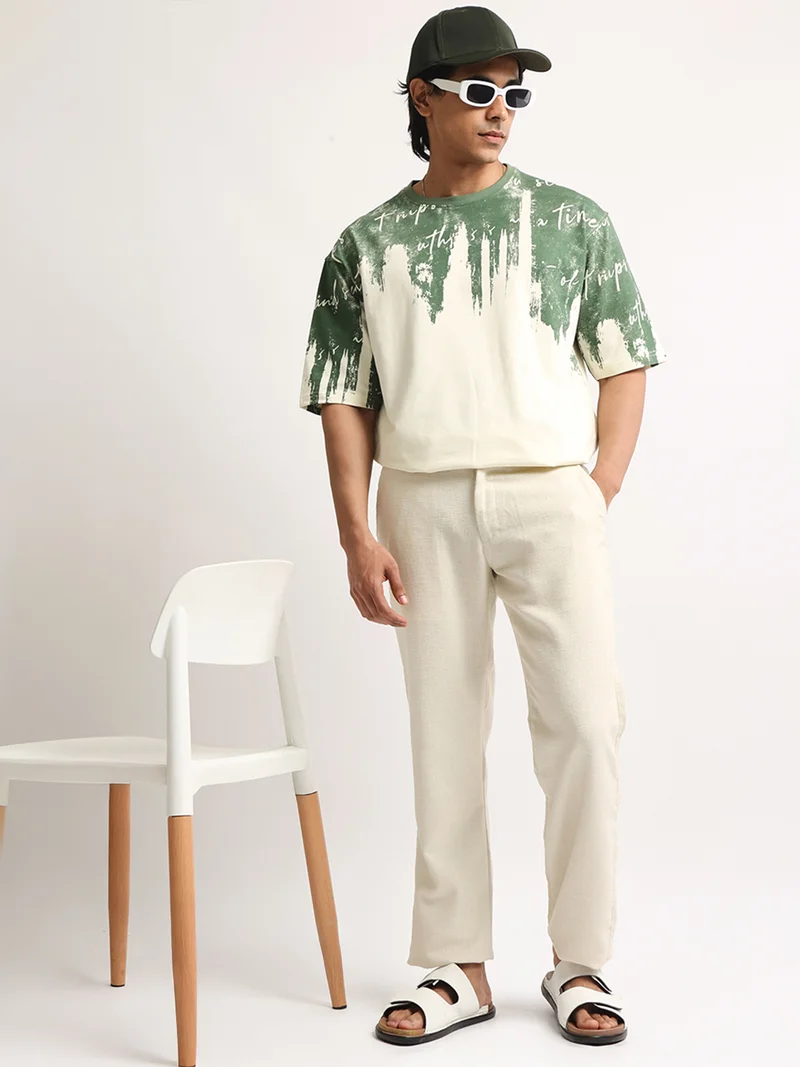Maniac  Maniac Mens Solid Beige Turkish Linen Cotton Blend Trouser for Men | Best Price UAE